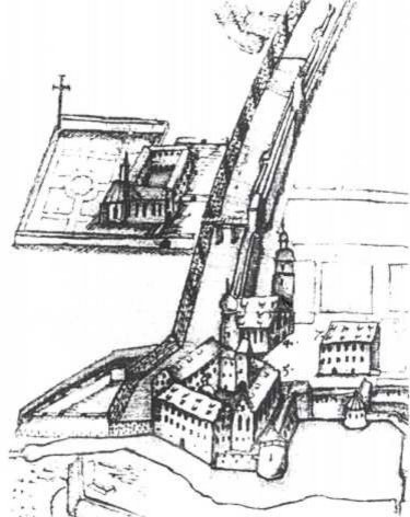 Kartenzeichnung, Schrägbild Stadtbefestigung und Kloster, Richtung Süden