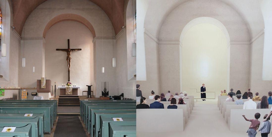 Ist-Zustand und Entwurf: Die  Christuskirche Neumarkt soll freundlicher und heller werden, mehr Weite und Raum bieten. Das wünschen sich viele Gemeindemitglieder. Im Frühjahr ist Sanierungsbeginn. F.:epd-bild/Architekturbüro Brückner/Ingenthron