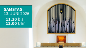 Eule-Orgel der Christuskirche mit Hinweis zu Termin weiße Schrift vor grünem Hintergrund