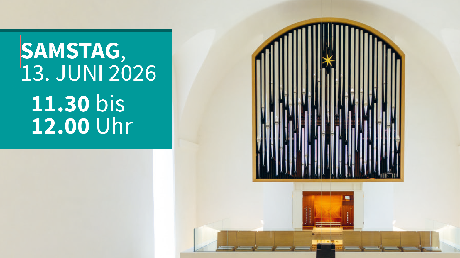 Eule-Orgel der Christuskirche mit Hinweis zu Termin weiße Schrift vor grünem Hintergrund