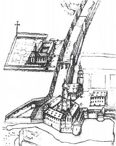 Kartenzeichnung, Schrägbild Stadtbefestigung und Kloster, Richtung Süden