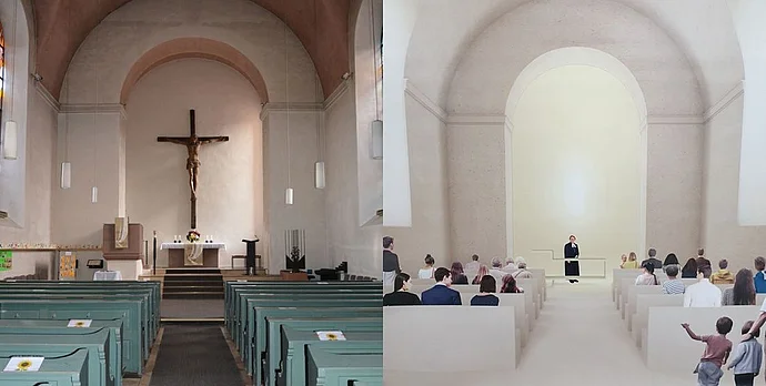 Ist-Zustand und Entwurf: Die Christuskirche Neumarkt soll freundlicher und heller werden, mehr Weite und Raum bieten. Das wünschen sich viele Gemeindemitglieder. Im Frühjahr ist Sanierungsbeginn. F.:epd-bild/Architekturbüro Brückner/Ingenthron