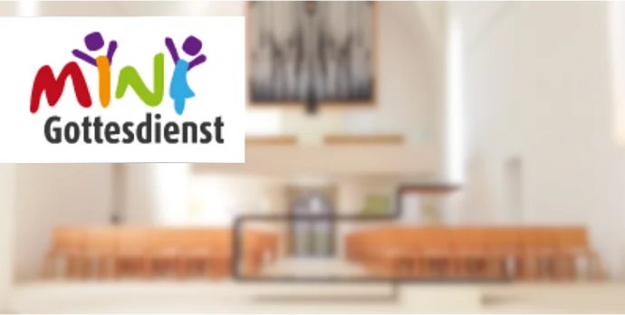 Logo MINIgottesdienst vor Hintergrund Christuskirche von Altar zur Orgelempore