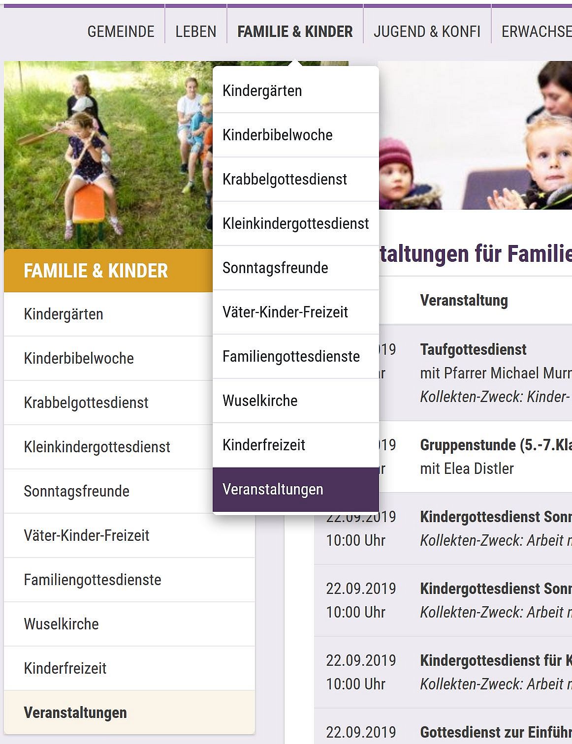 Veranstaltungen im Menübaum