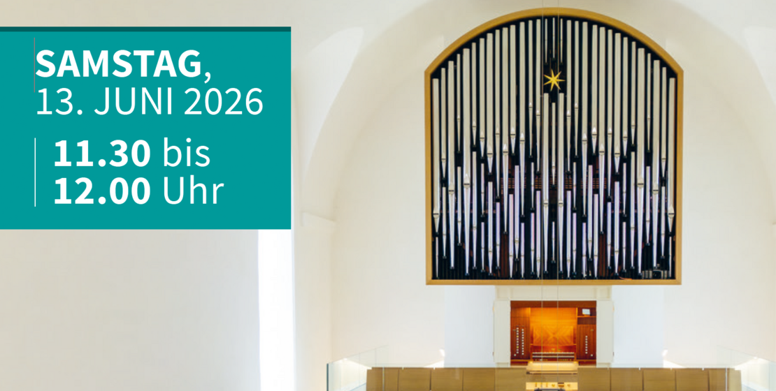 Eule-Orgel der Christuskirche mit Hinweis zu Termin weiße Schrift vor grünem Hintergrund