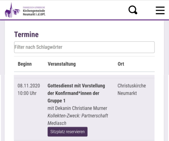 Button "Sitzplatz reservieren" in Rubrik "Termine"